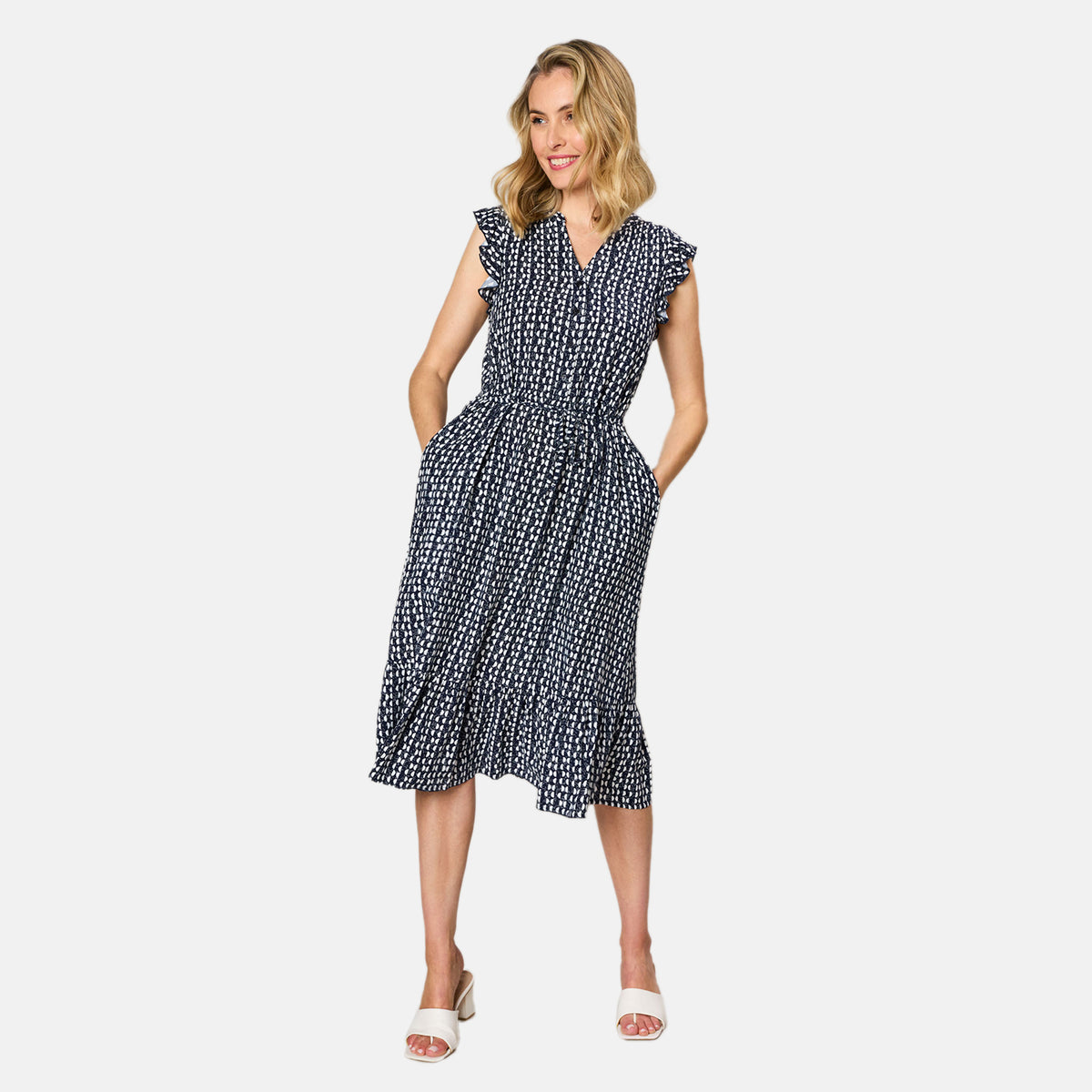 Emreco Half Circle Print Frill Shoulder Midi Dress (Size 10) - Navy 7792994 4
