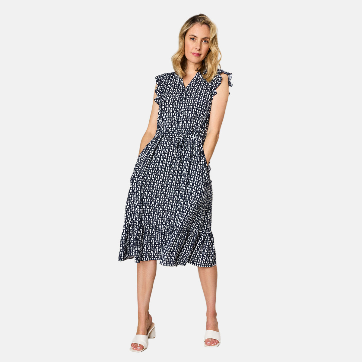 Emreco Half Circle Print Frill Shoulder Midi Dress (Size 10) - Navy 7792994 5