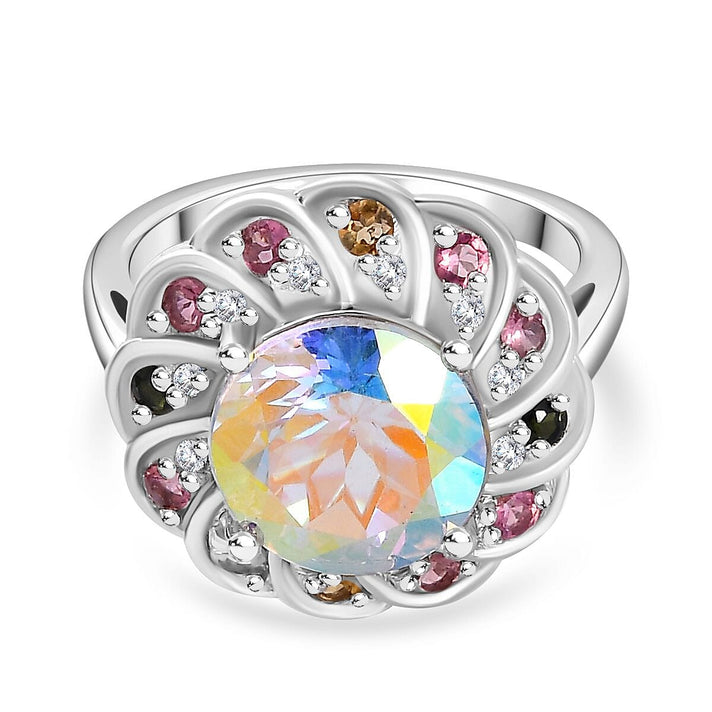Mercury Mystic Topaz, Natural Zircon and Multi-Tourmaline Floral Ring in Rhodium Overlay Sterling Silver 5.00 Ct, Silver Wt. 5 Gms 7793754 1