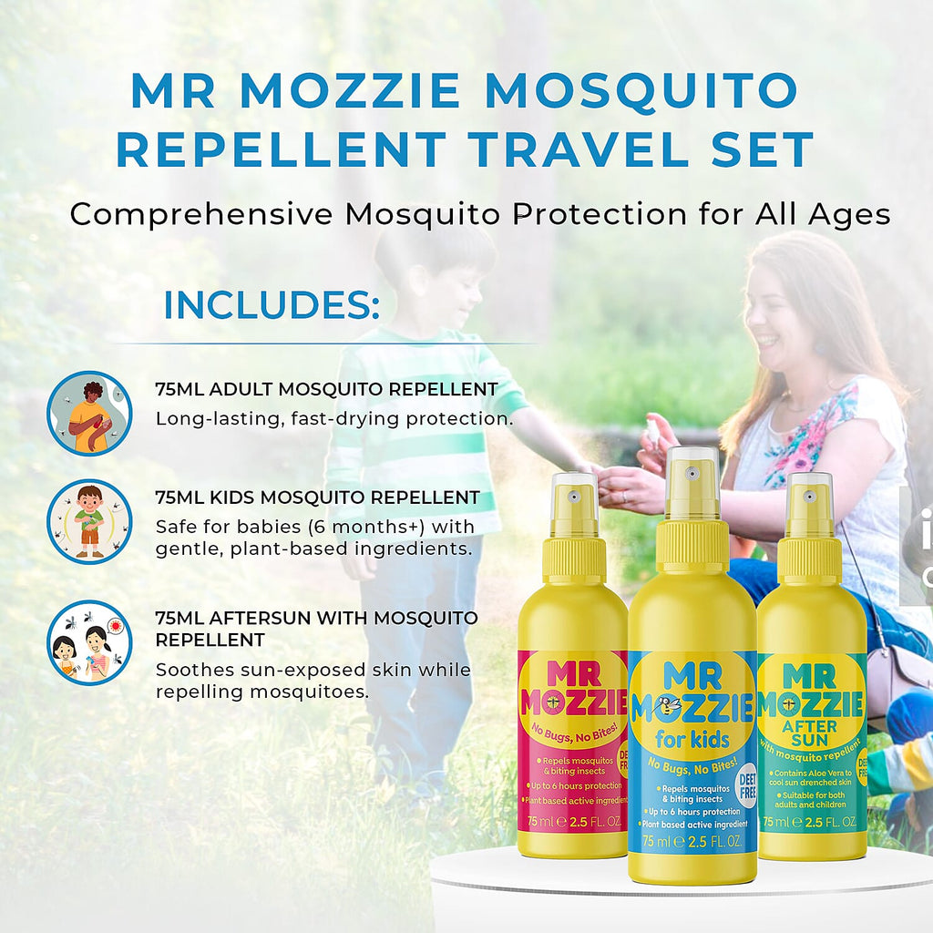 Mr Mozzie Mosquito Repellent Travel Set (Inc. 75ml Adult Mosquito Repellent, 75ml Kids Mosquito Repellent & 75ml Aftersun with Mosquito Repellent)