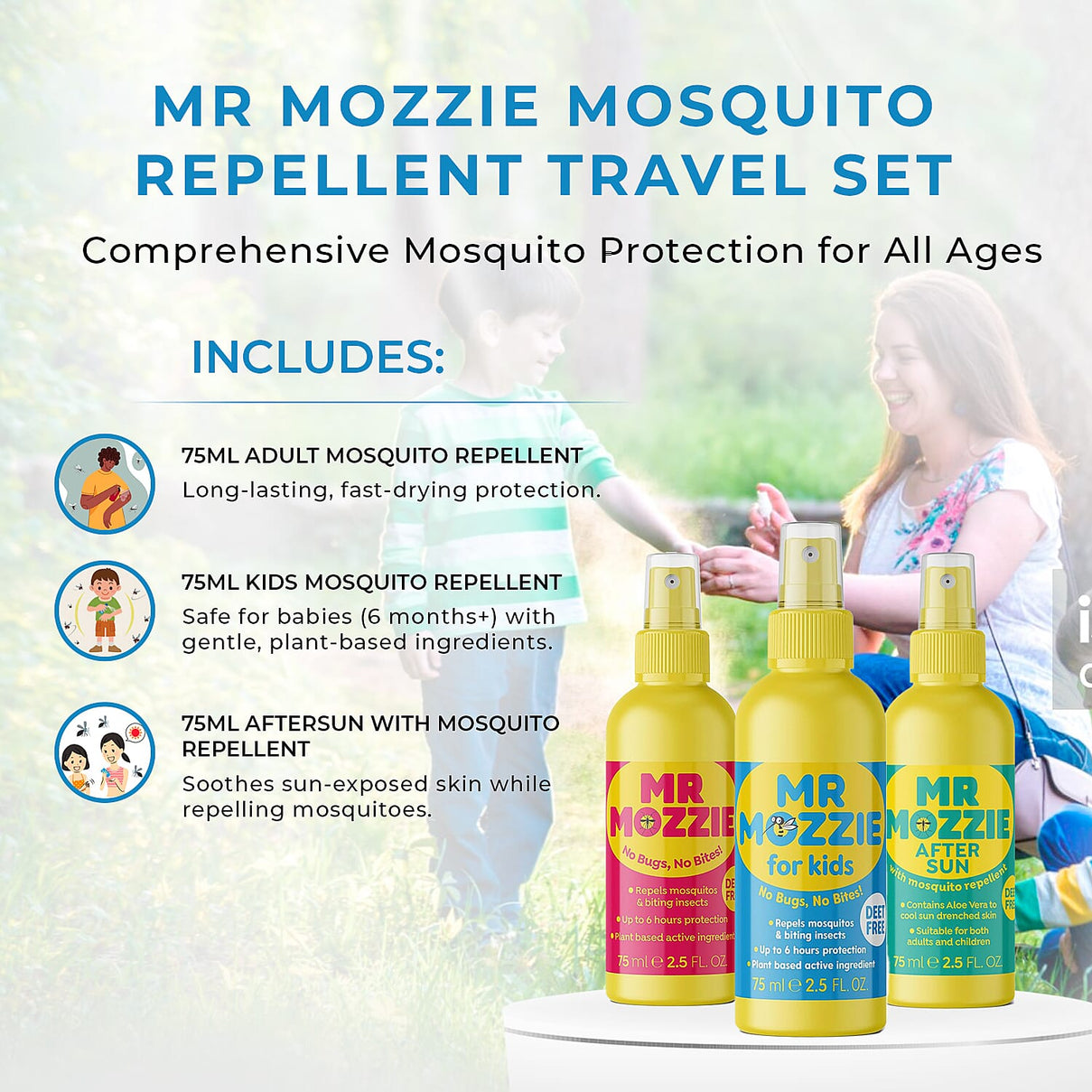 Mr Mozzie Mosquito Repellent Travel Set (Inc. 75ml Adult Mosquito Repellent, 75ml Kids Mosquito Repellent and 75ml Aftersun with Mosquito Repellent) 7793768 1