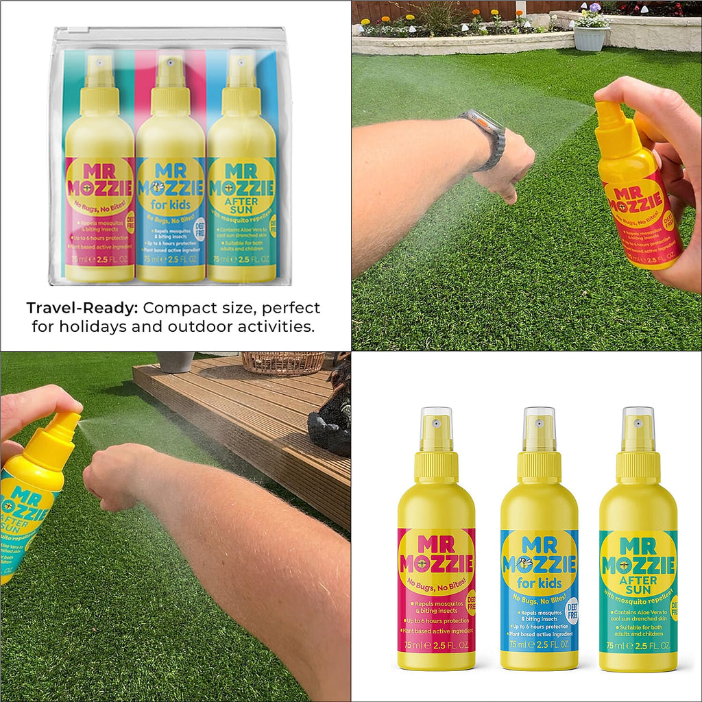 Mr Mozzie Mosquito Repellent Travel Set (Inc. 75ml Adult Mosquito Repellent, 75ml Kids Mosquito Repellent & 75ml Aftersun with Mosquito Repellent)