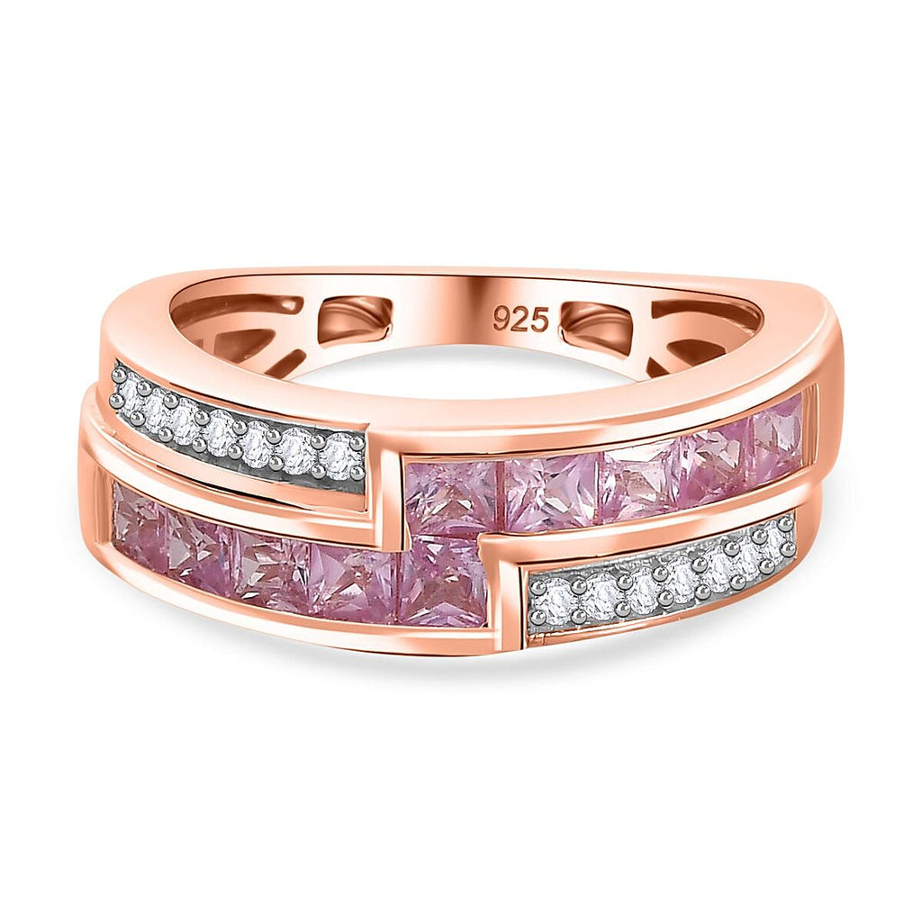 Madagascar Pink Sapphire & Natural Zircon Half-Eternity Band Ring in 18K RG Vermeil Plated Sterling Silver 1.20 Ct_7794110