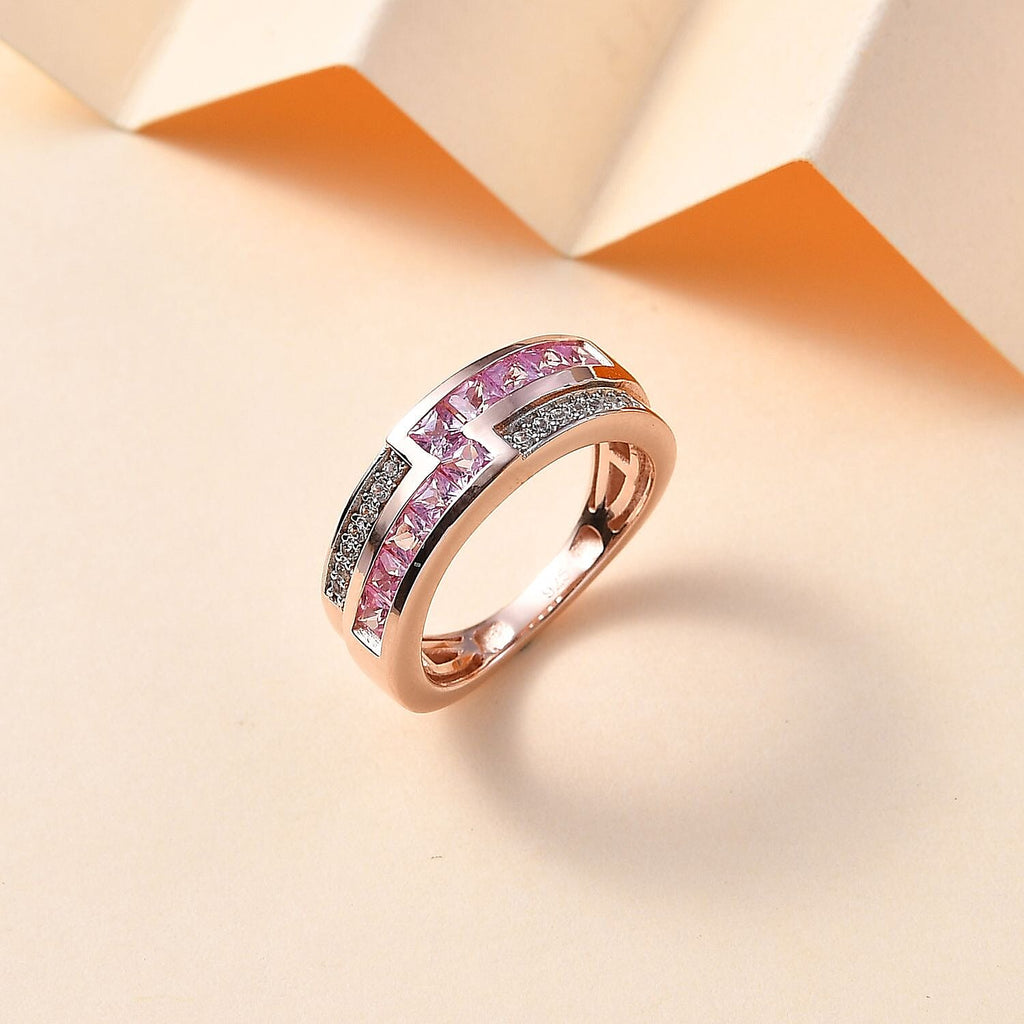 Madagascar Pink Sapphire & Natural Zircon Half-Eternity Band Ring in 18K RG Vermeil Plated Sterling Silver 1.20 Ct_7794110_1