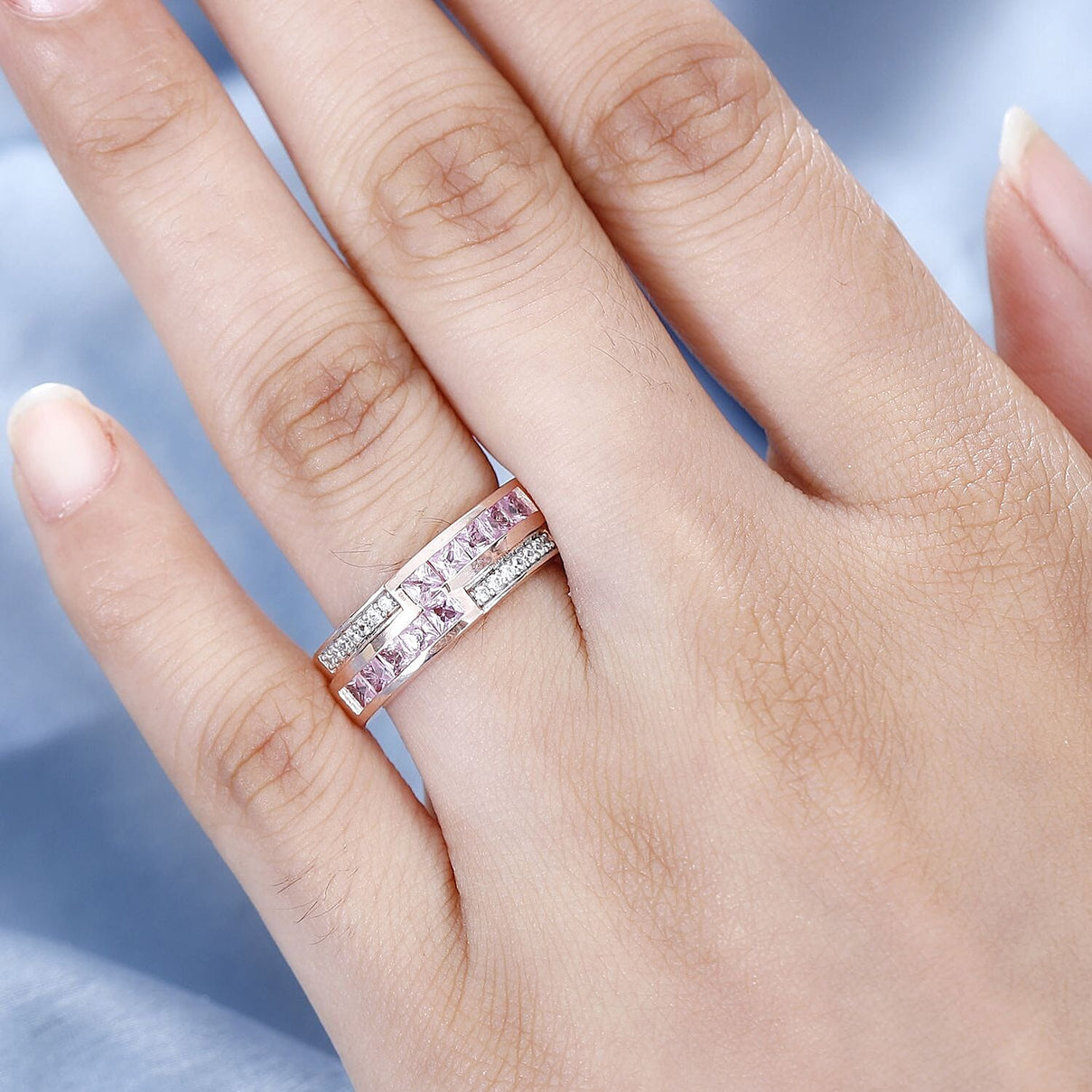 Pink Sapphire and Natural Zircon Half-Eternity Band Ring in 18K Rose Gold Vermeil Plated Sterling Silver 1.20 Ct V32530487 2