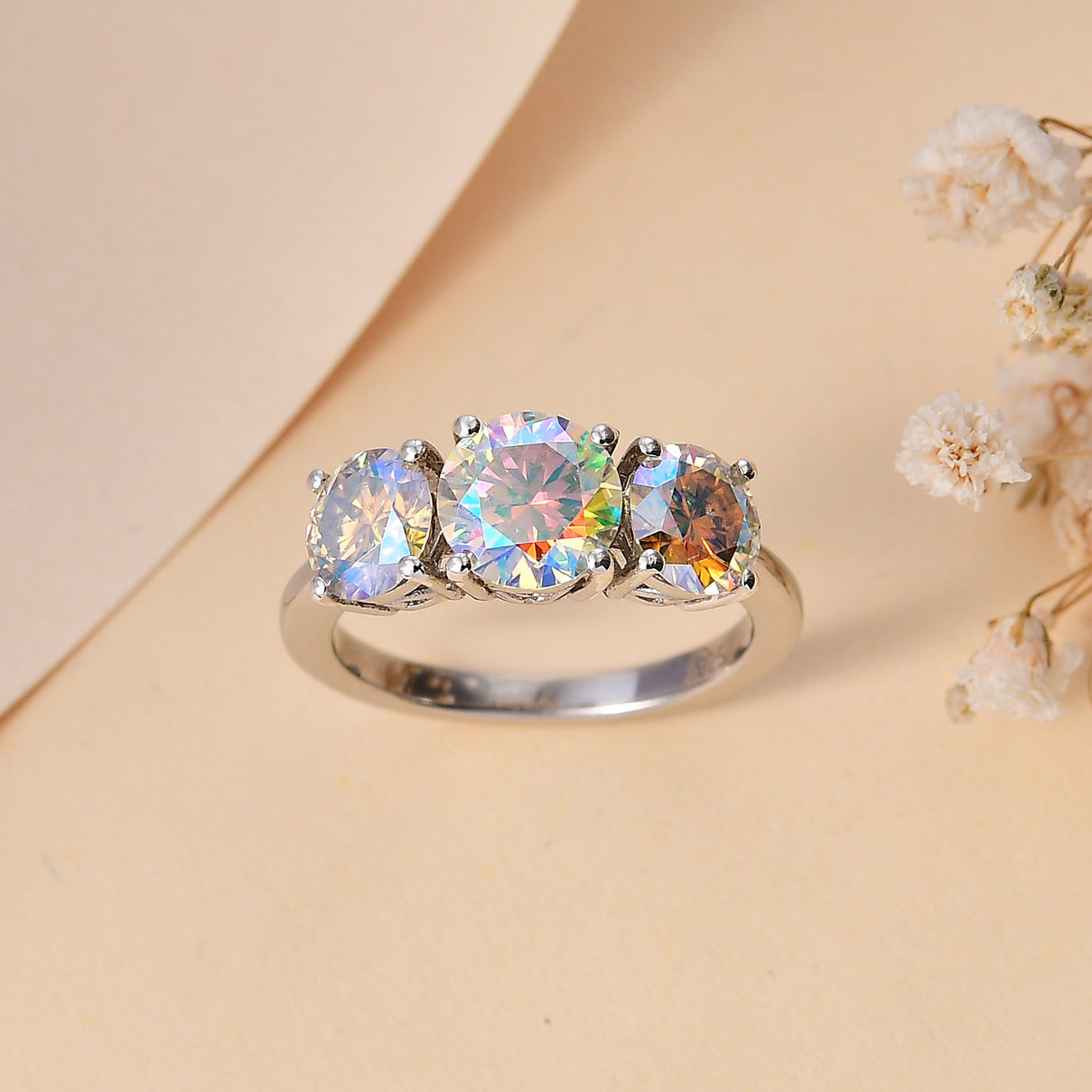 Dichroic Luminous Moissanite 3-stone Ring in Rhodium Overlay Sterling Silver 2.688 Ct. V32513603 2