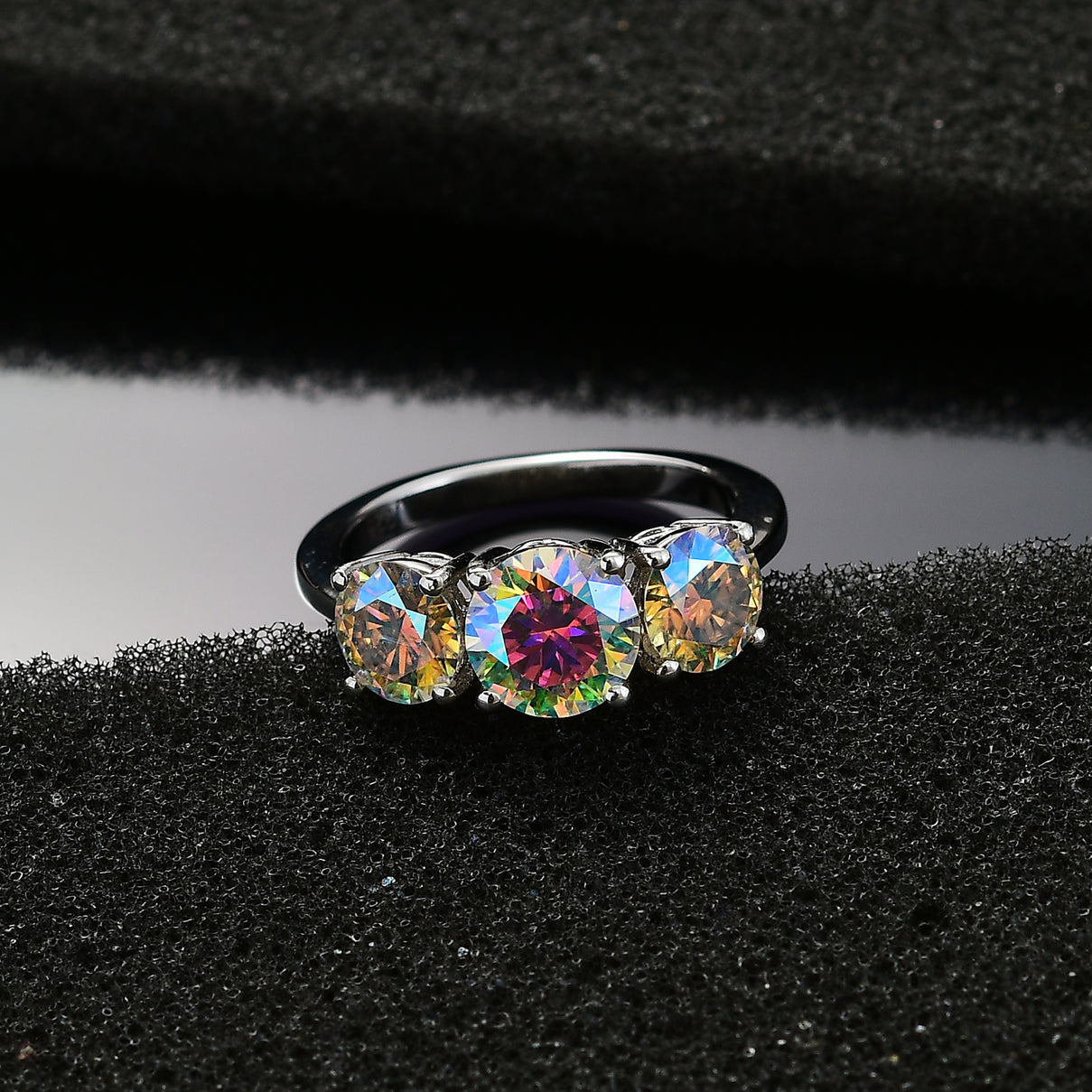 Dichroic Luminous Moissanite 3-stone Ring in Rhodium Overlay Sterling Silver 2.688 Ct. V32513603 3