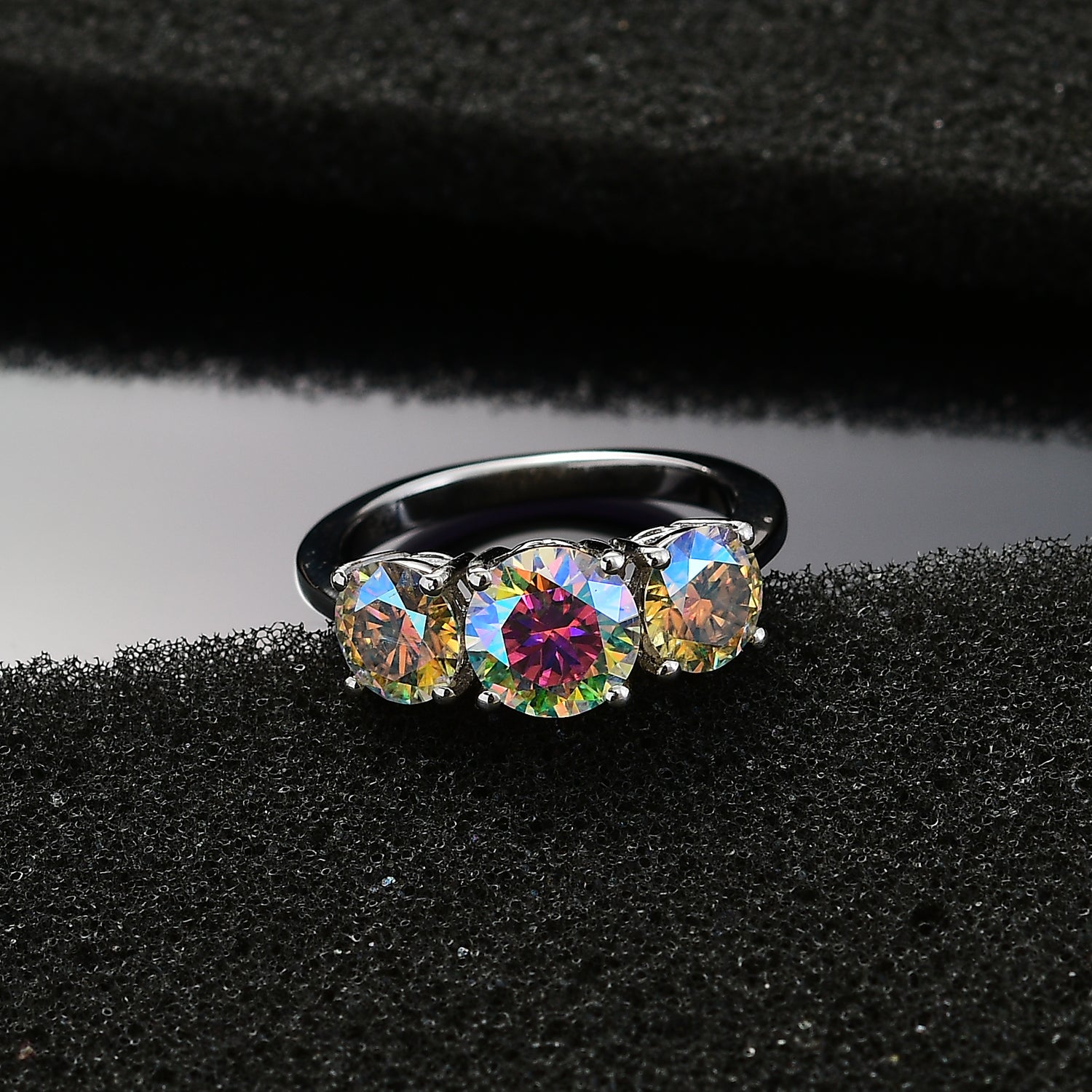 Dichroic Luminous Moissanite 3-stone Ring in Rhodium Overlay Sterling Silver 2.688 Ct. V32513603 3