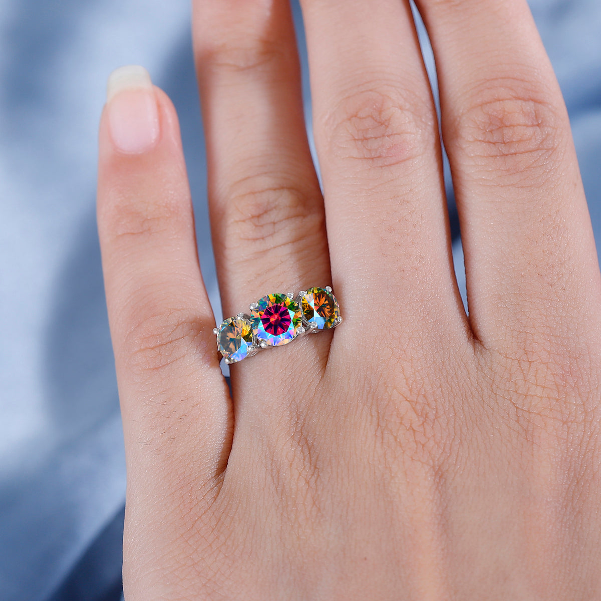 Dichroic Luminous Moissanite 3-stone Ring in Rhodium Overlay Sterling Silver 2.688 Ct. V32513603 4