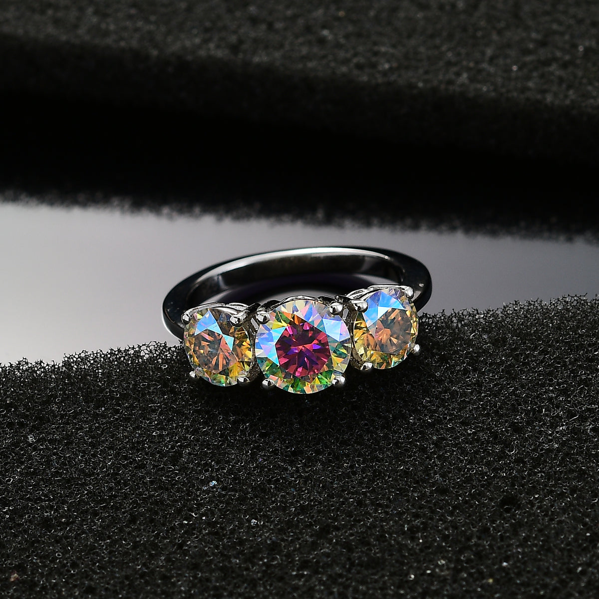 Dichroic Luminous Moissanite 3-stone Ring in Rhodium Overlay Sterling Silver 2.688 Ct. V32638219 3