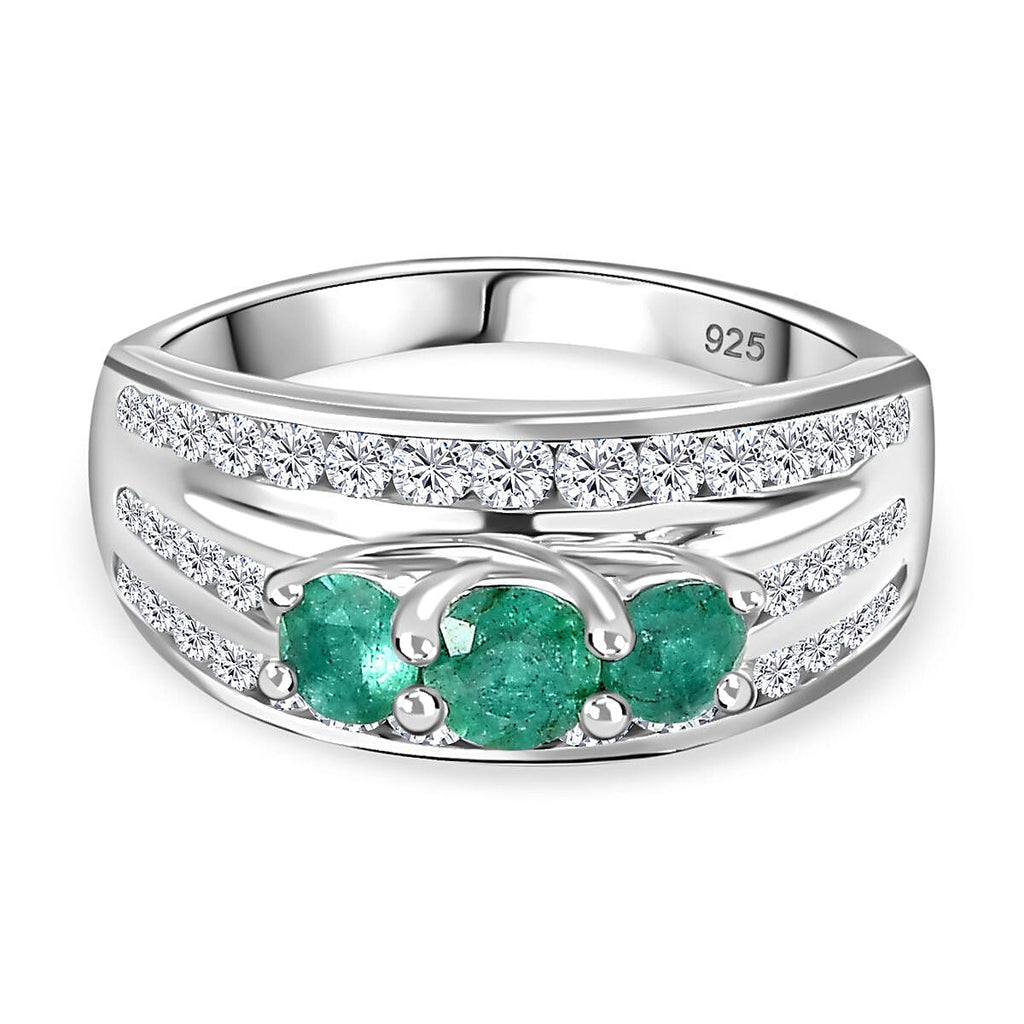 AAA Gemfields Emerald & Natural Zircon Trilogy Ring in Platinum Overlay Sterling Silver 1.80 Ct._7794738