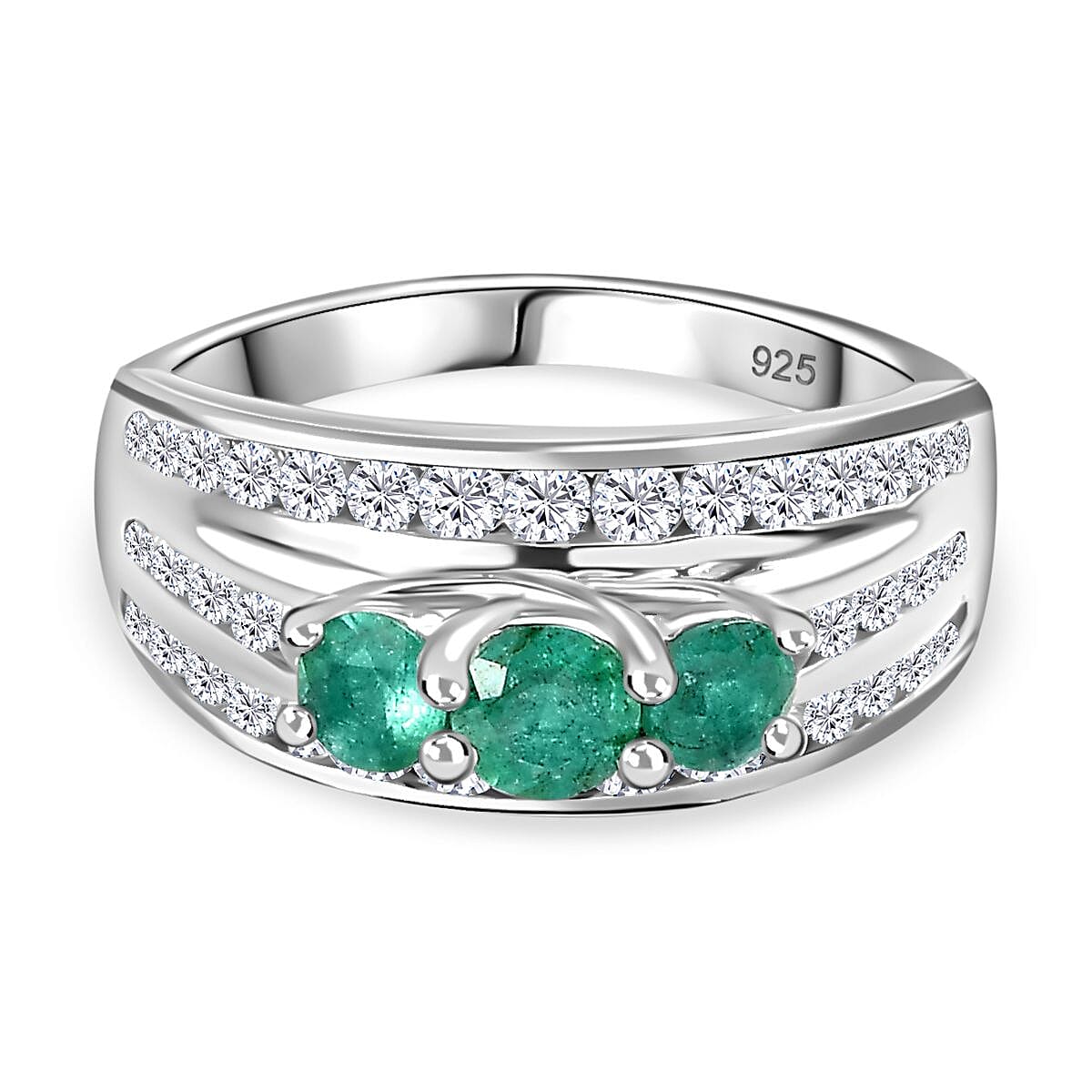AAA Gemfields Emerald, Natural Zircon Trilogy Ring in Platinum Overlay Sterling Silver 7794738 0