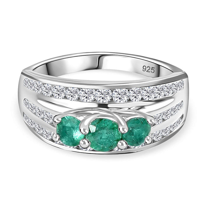 AAA Gemfields Emerald, Natural Zircon Trilogy Ring in Platinum Overlay Sterling Silver 7794738 1