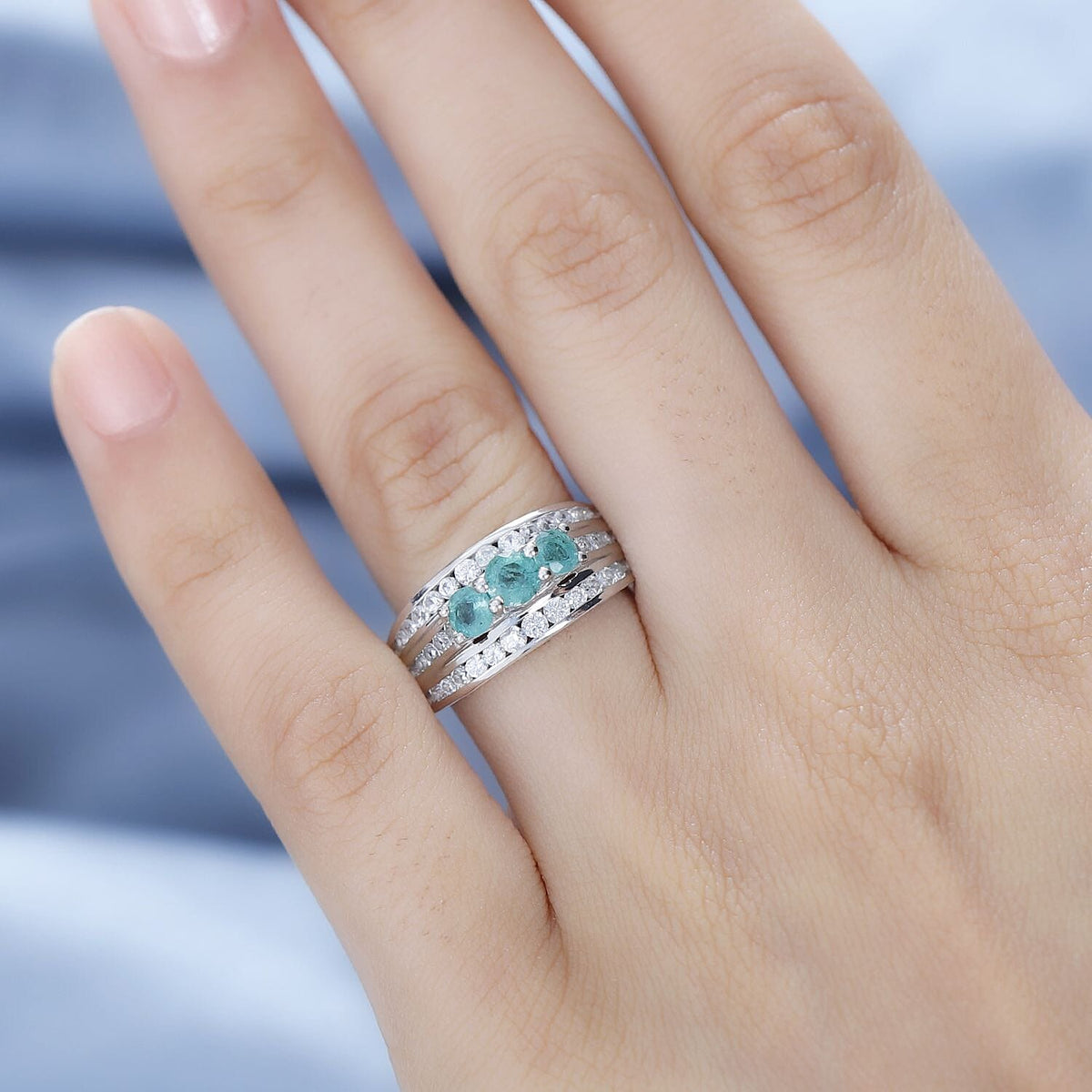 AAA Gemfields Emerald, Natural Zircon Trilogy Ring in Platinum Overlay Sterling Silver 7794738 2