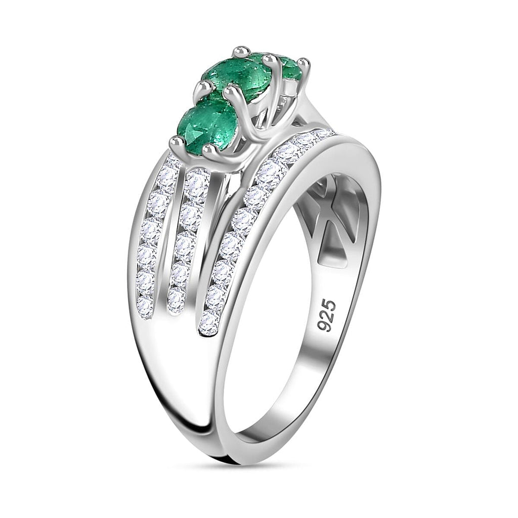 AAA Gemfields Emerald & Natural Zircon Trilogy Ring in Platinum Overlay Sterling Silver 1.80 Ct._7794738_3