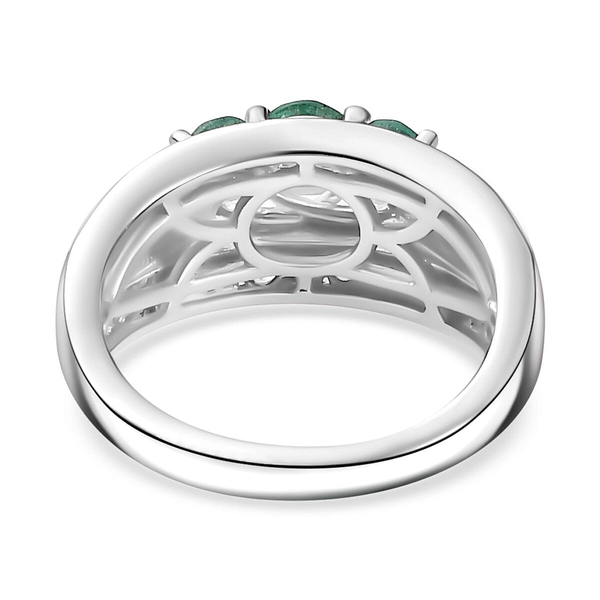 AAA Gemfields Emerald, Natural Zircon Trilogy Ring in Platinum Overlay Sterling Silver 7794738 4