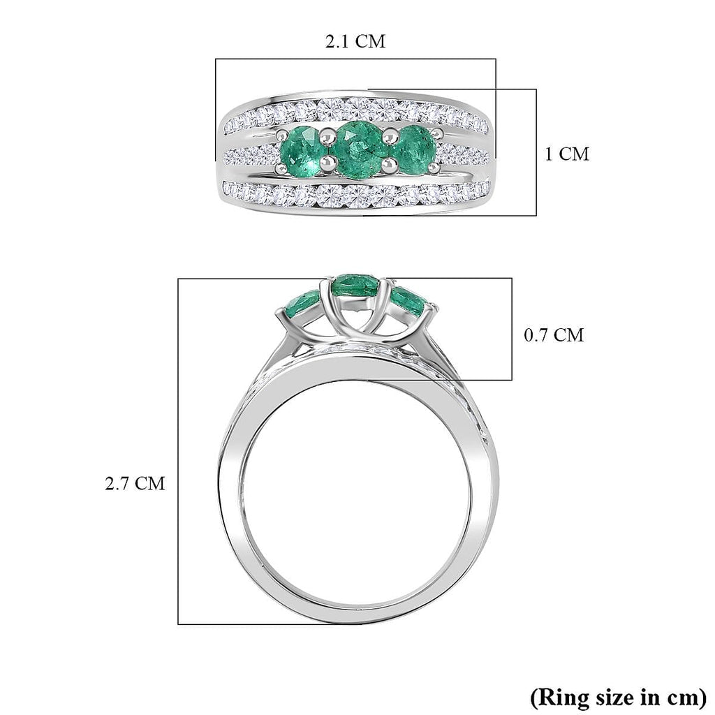 AAA Gemfields Emerald & Natural Zircon Trilogy Ring in Platinum Overlay Sterling Silver 1.80 Ct._7794738_5