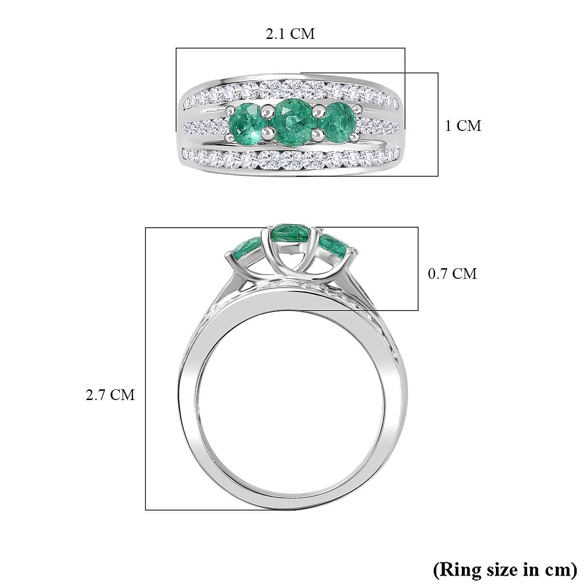 AAA Gemfields Emerald, Natural Zircon Trilogy Ring in Platinum Overlay Sterling Silver 7794738 5