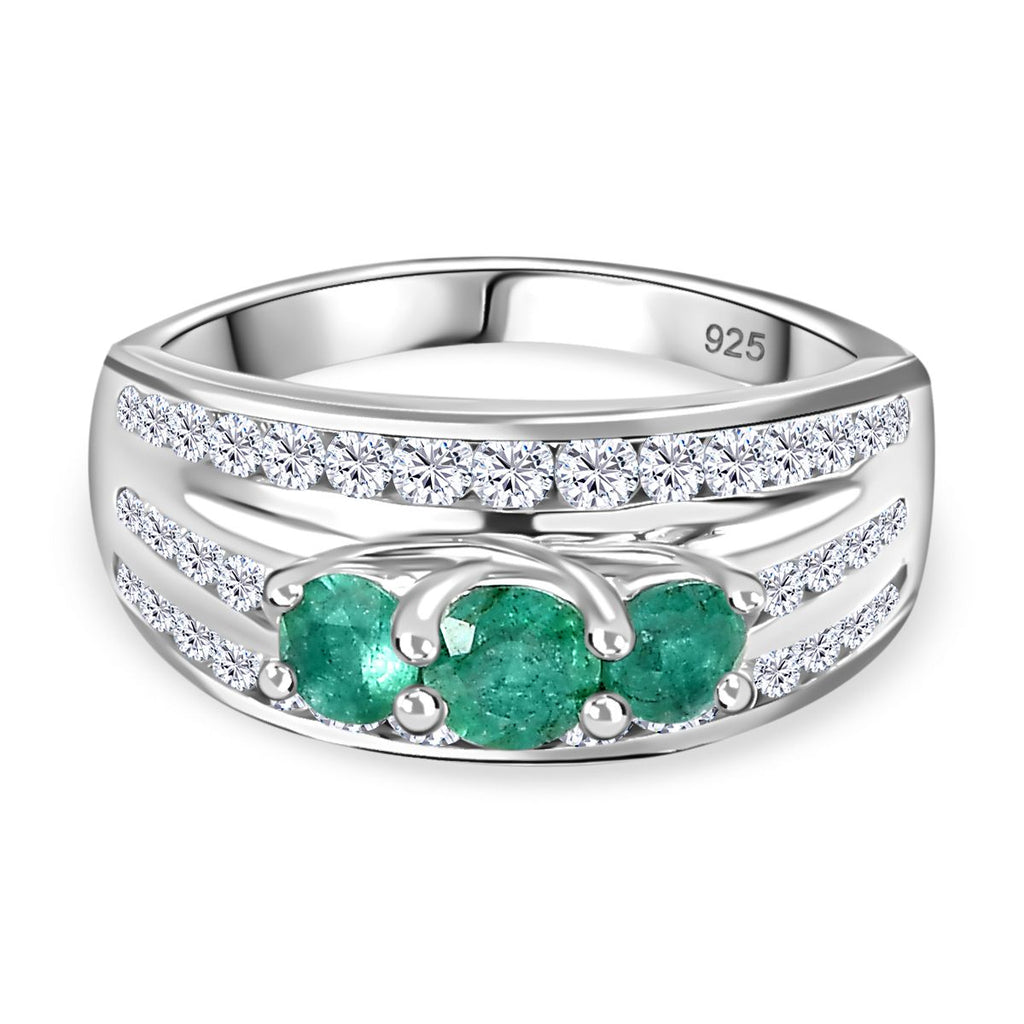 AAA Gemfields Emerald & Natural Zircon Trilogy Ring in Platinum Overlay Sterling Silver 1.80 Ct._7794740