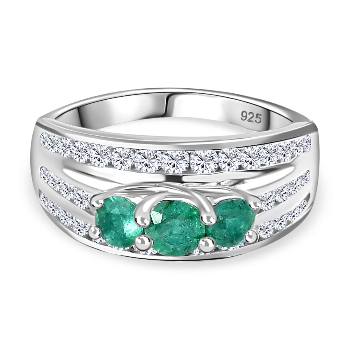 AAA Gemfields Emerald, Natural Zircon Trilogy Ring in Platinum Overlay Sterling Silver V32517648 0