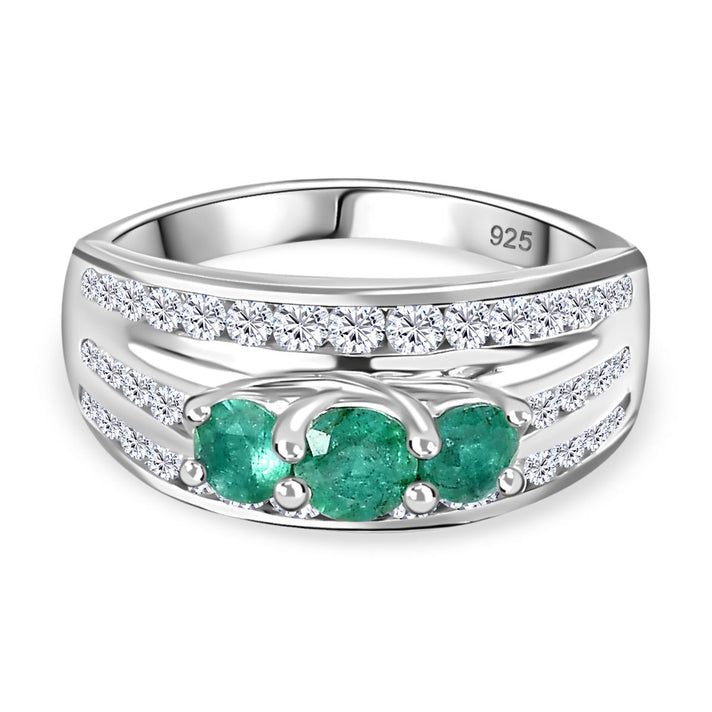 AAA Gemfields Emerald, Natural Zircon Trilogy Ring in Platinum Overlay Sterling Silver V32638029 1