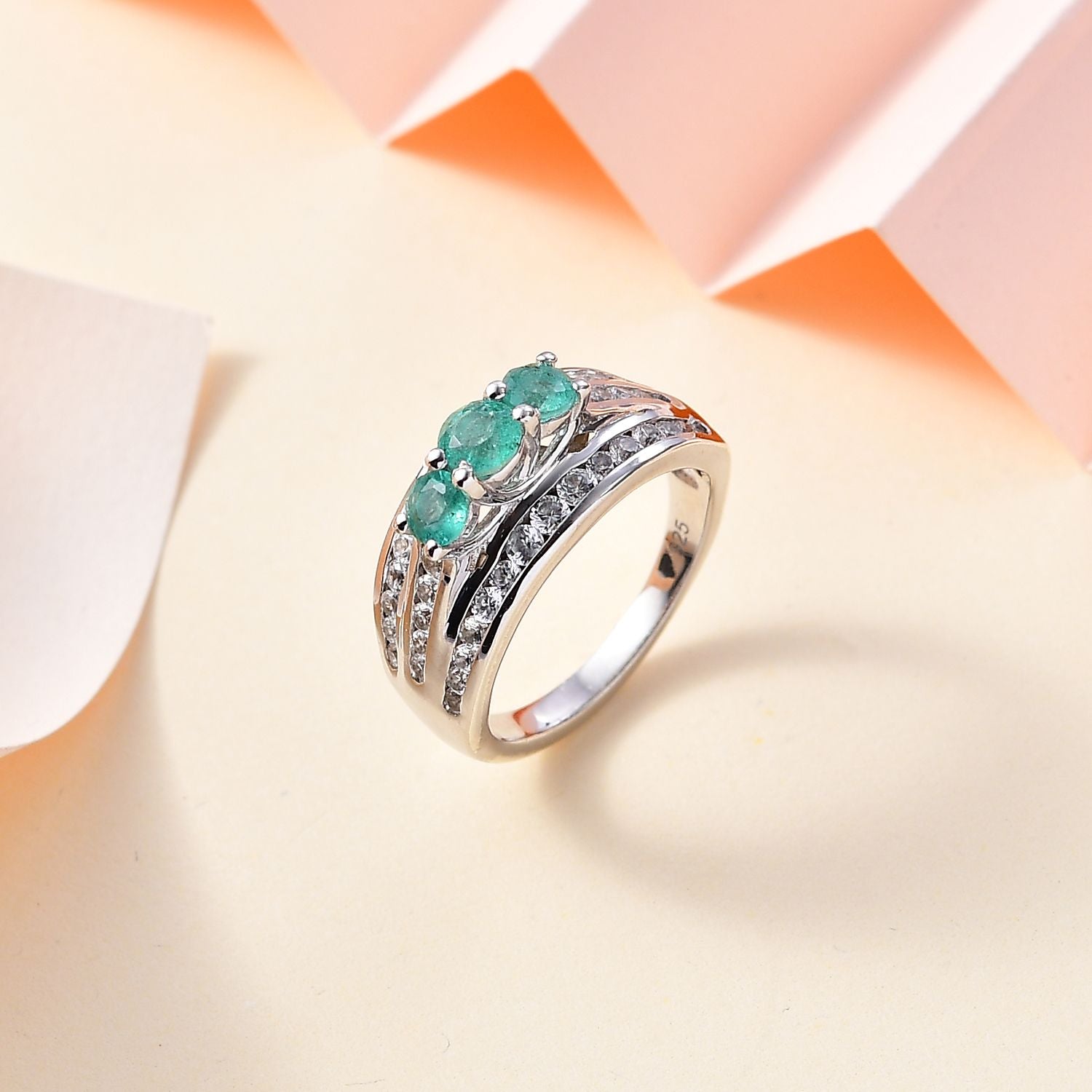 AAA Gemfields Emerald, Natural Zircon Trilogy Ring in Platinum Overlay Sterling Silver V32517648 1