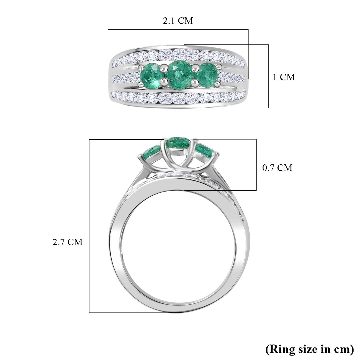 AAA Gemfields Emerald, Natural Zircon Trilogy Ring in Platinum Overlay Sterling Silver V32517648 5