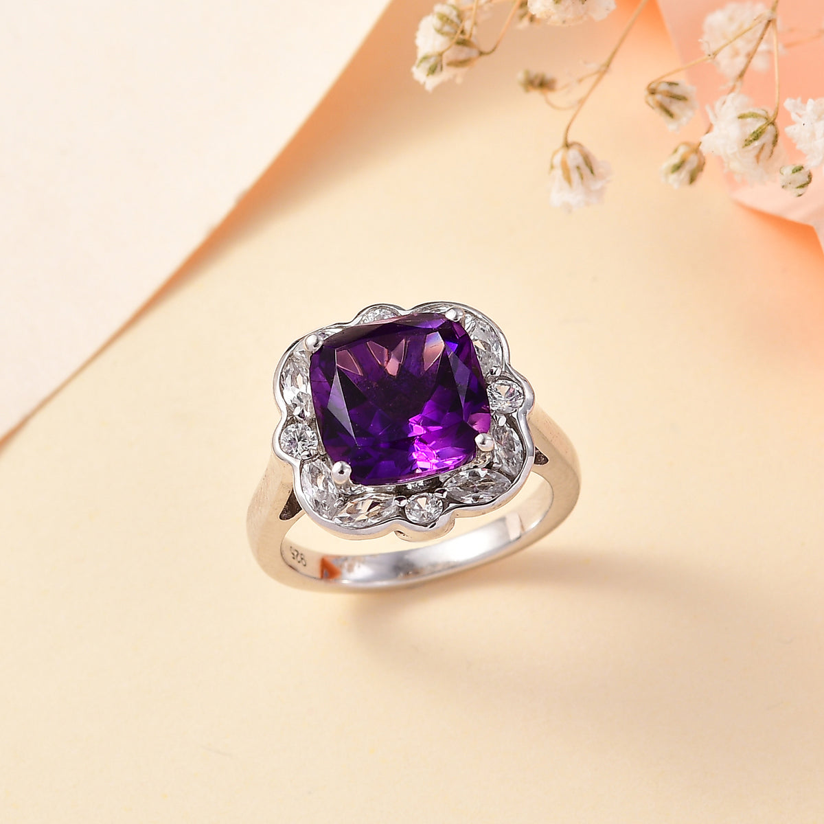 Moroccan Amethyst, White Zircon Halo Ring in Rhodium Overlay Sterling Silver,  Silver Wt. 5 Gms  5.652  Ct. V32520207 2