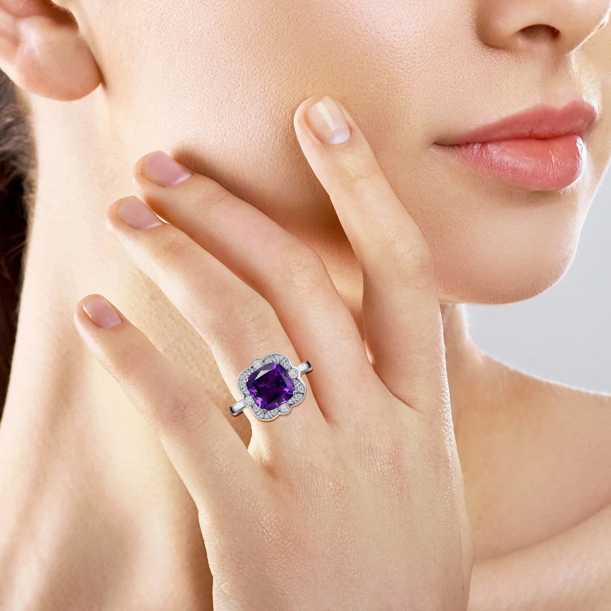 Moroccan Amethyst, White Zircon Halo Ring in Rhodium Overlay Sterling Silver,  Silver Wt. 5 Gms  5.652  Ct. V32520207 3