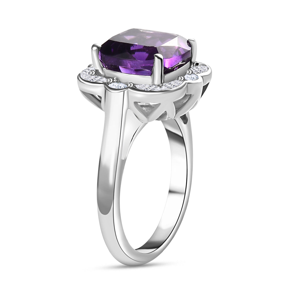 Moroccan Amethyst, White Zircon Halo Ring in Rhodium Overlay Sterling Silver,  Silver Wt. 5 Gms  5.652  Ct. V32520207 4