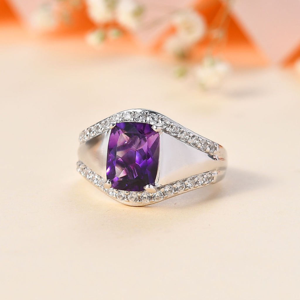 Moroccan Amethyst & Natural Zircon Ring in Rhodium Overlay Sterling Silver 2.72 Ct_7795758_1