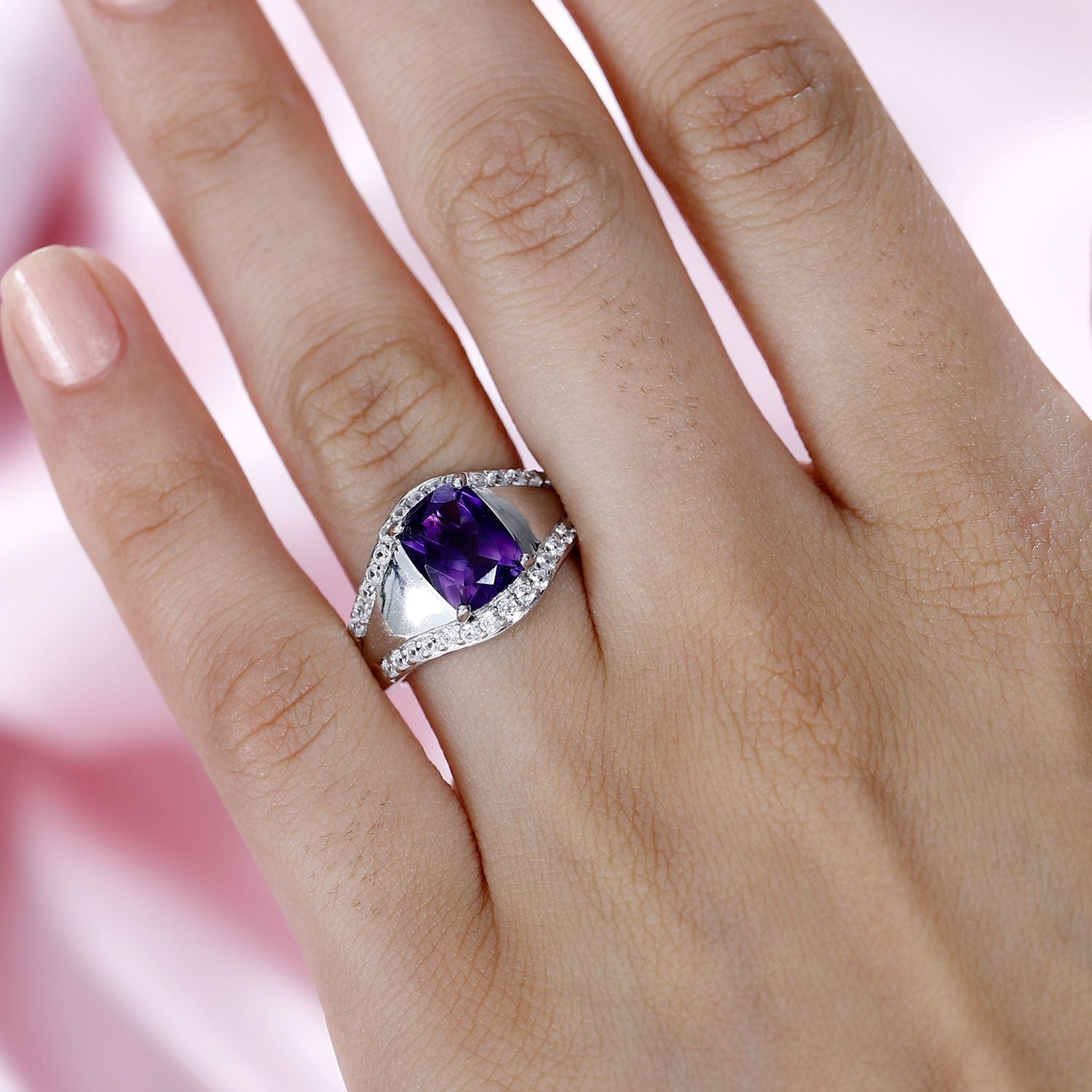 Moroccan Amethyst and Natural Zircon Ring in Rhodium Overlay Sterling Silver V32540029 2