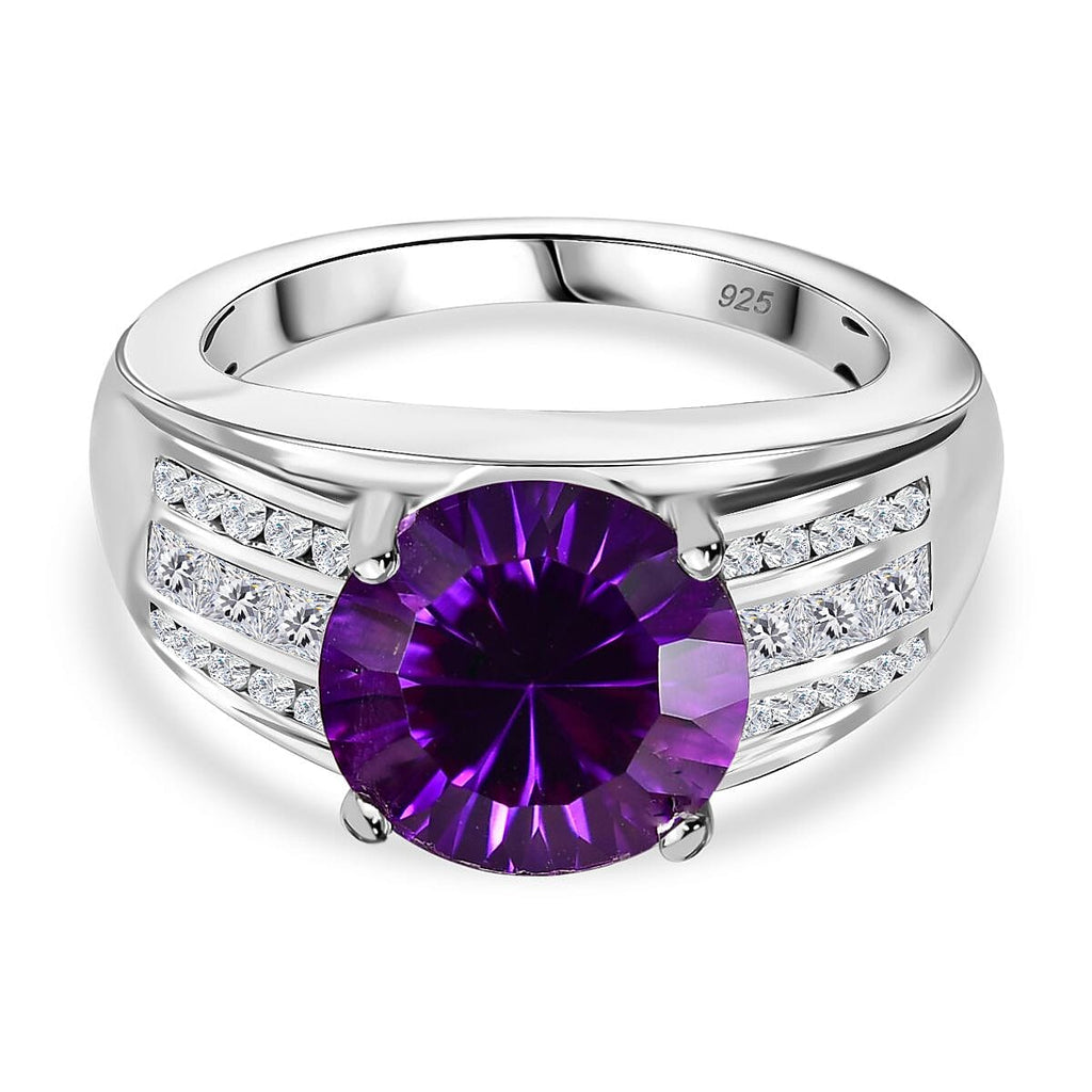 Moroccan Amethyst & Natural Zircon Ring in Rhodium Overlay Sterling Silver 4.04 Ct._7795782