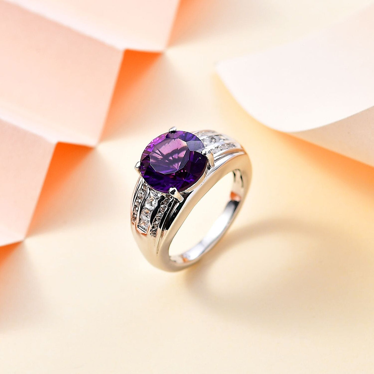 Moroccan Amethyst and Natural Zircon Ring in Rhodium Overlay Sterling Silver, Silver Wt. 6.15 Gms V32524853 1