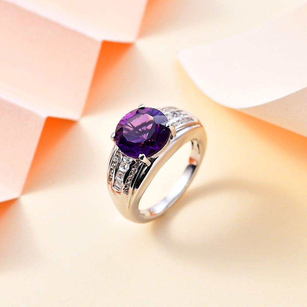 Moroccan Amethyst & Natural Zircon Ring in Rhodium Overlay Sterling Silver 4.04 Ct._7795783_1