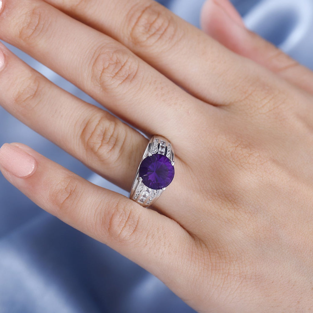 Moroccan Amethyst & Natural Zircon Ring in Rhodium Overlay Sterling Silver 4.04 Ct._7795783_2