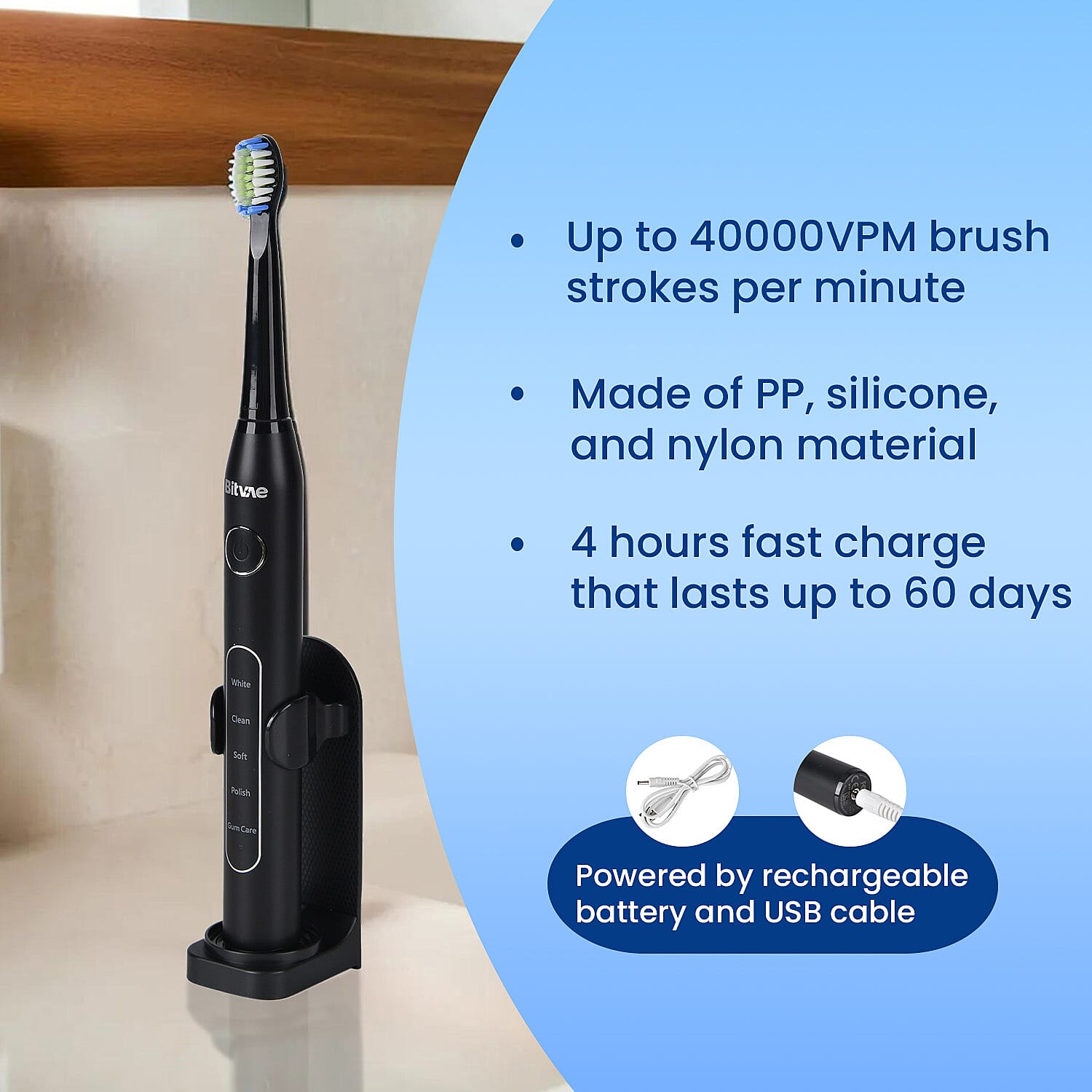 Bitvae Sonic Electric Toothbrush with 8 Brush Heads and Case â€“ Black 7797928 7