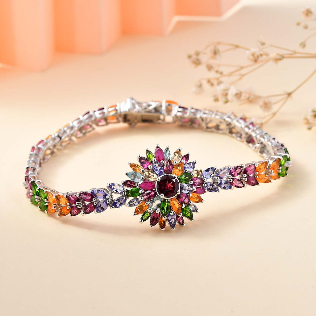 Multi Gemstones Cluster Bracelet (Size - 7) in Rhodium Overlay Sterling Silver 16.85 Ct, Silver Wt. 13.75 Gms_7798705_1