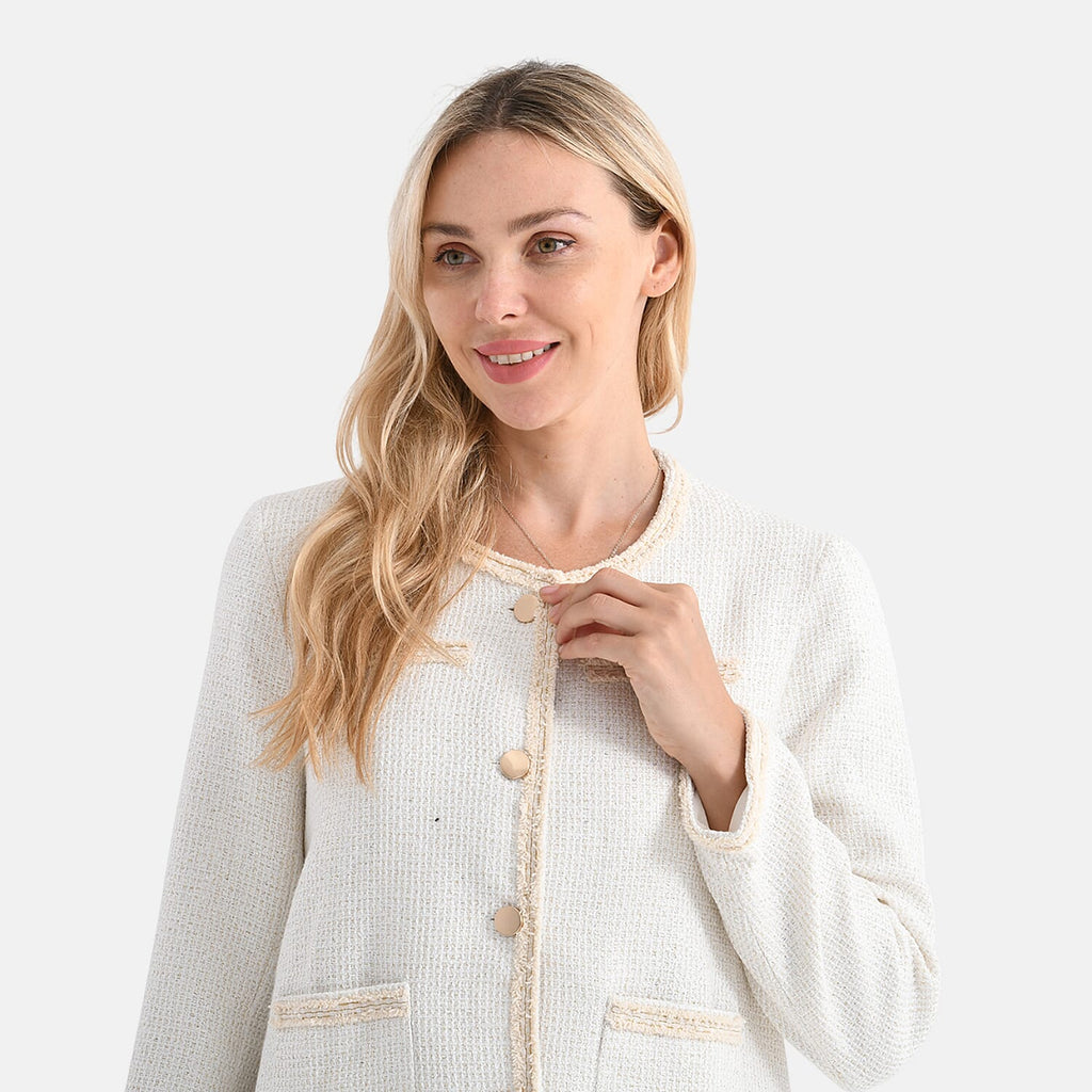 La Marey Tweed Long Sleeve Buttoned Blazer (Size 16 To 18) - White_7800647_5