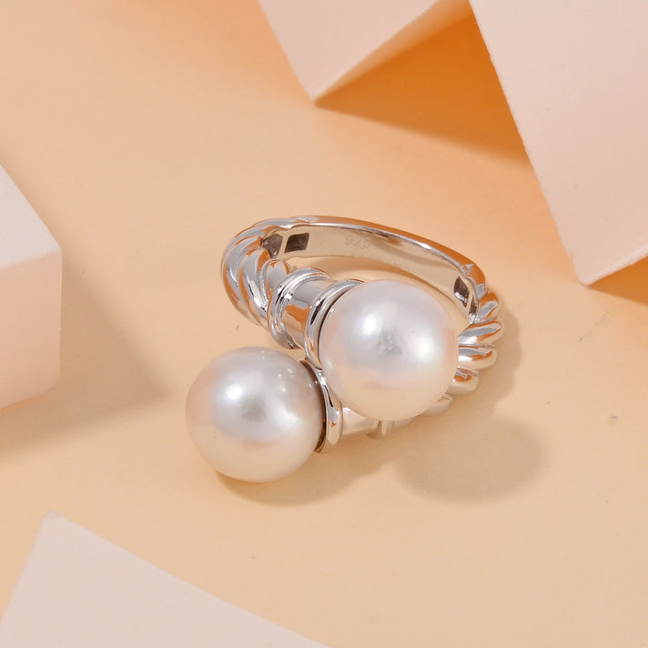 White Edison Pearl Bypass Ring in Rhodium Overlay Sterling Silver 16.16 Ct, Silver Wt. 5.5 Gms 7800914 2