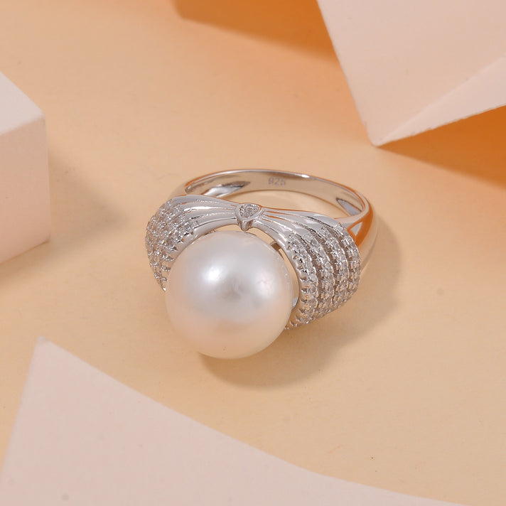 White Edison Pearl &amp; Natural Zircon Ring in Rhodium Overlay Sterling Silver 14.76 Ct 7801031 2