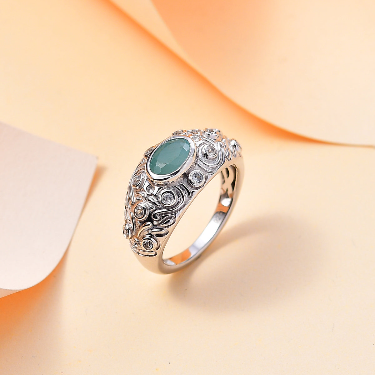 Grandidierite, White Zircon Ring in Rhodium Overlay Sterling Silver, 1.015  Ct. V32515452 2