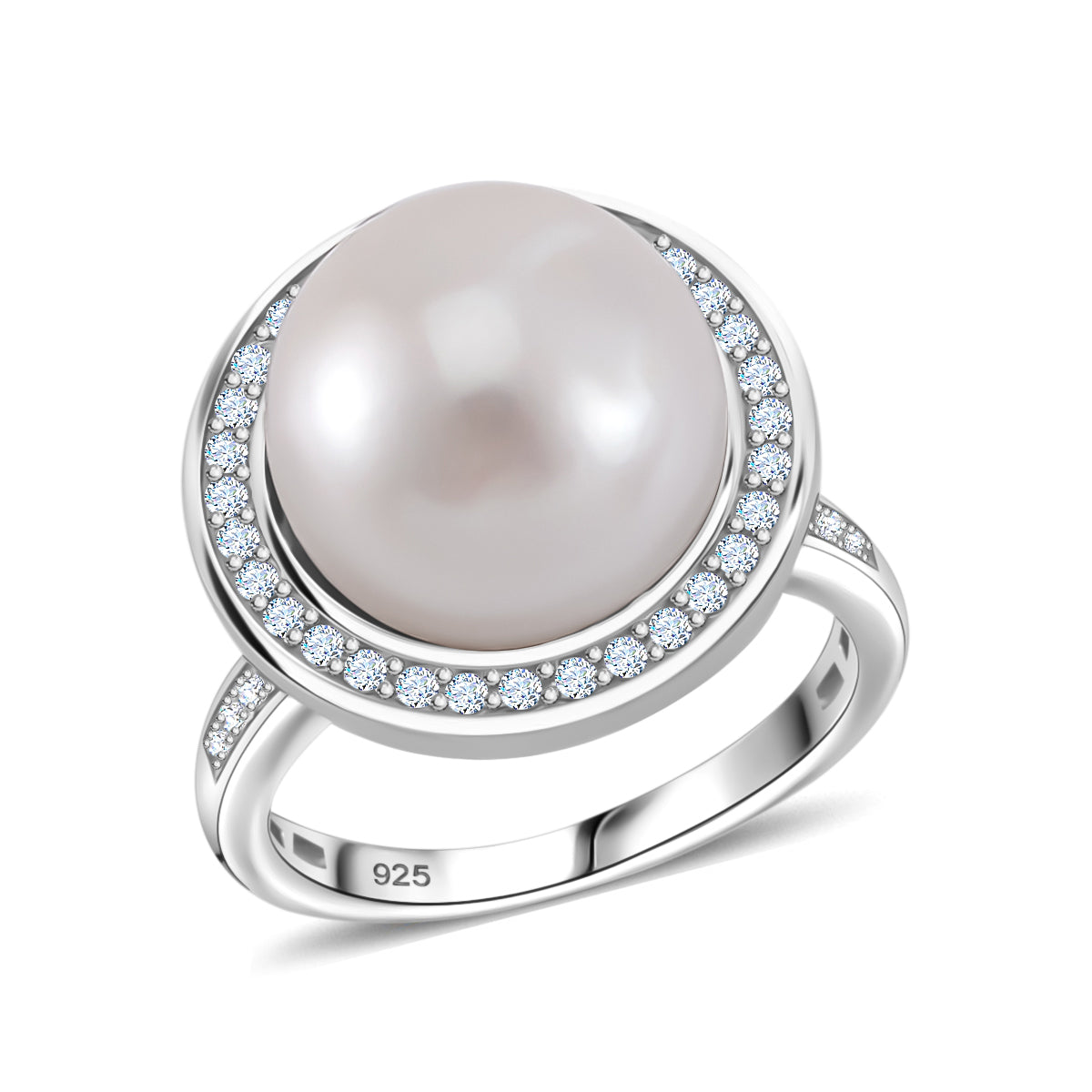 White Edison Pearl &amp; Natural Zircon Ring in Rhodium Overlay Sterling Silver 10.68 Ct. 7801629 0