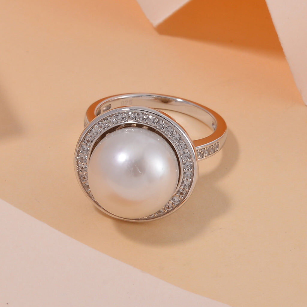 White Edison Pearl & Natural Zircon Ring in Rhodium Overlay Sterling Silver 10.68 Ct._7801629_1