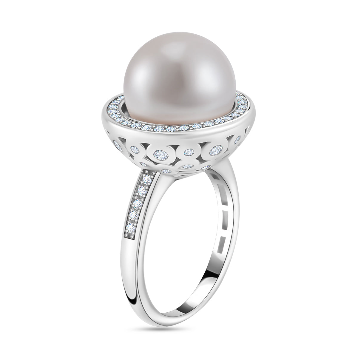 White Edison Pearl &amp; Natural Zircon Ring in Rhodium Overlay Sterling Silver 10.68 Ct. 7801629 4