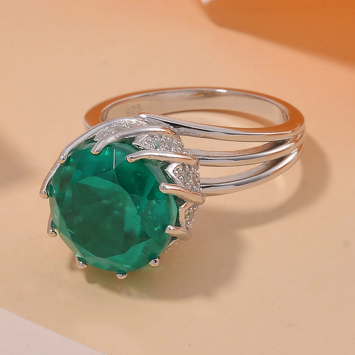 Emeraldine Quartz and White Zircon Floral Bud Ring in Rhodium Overlay Sterling Silver 9.30 Ct. V32520202 2