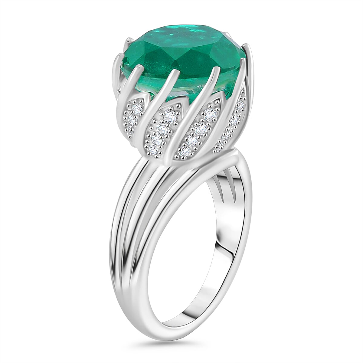 Emeraldine Quartz and White Zircon Floral Bud Ring in Rhodium Overlay Sterling Silver 9.30 Ct. V32520202 4