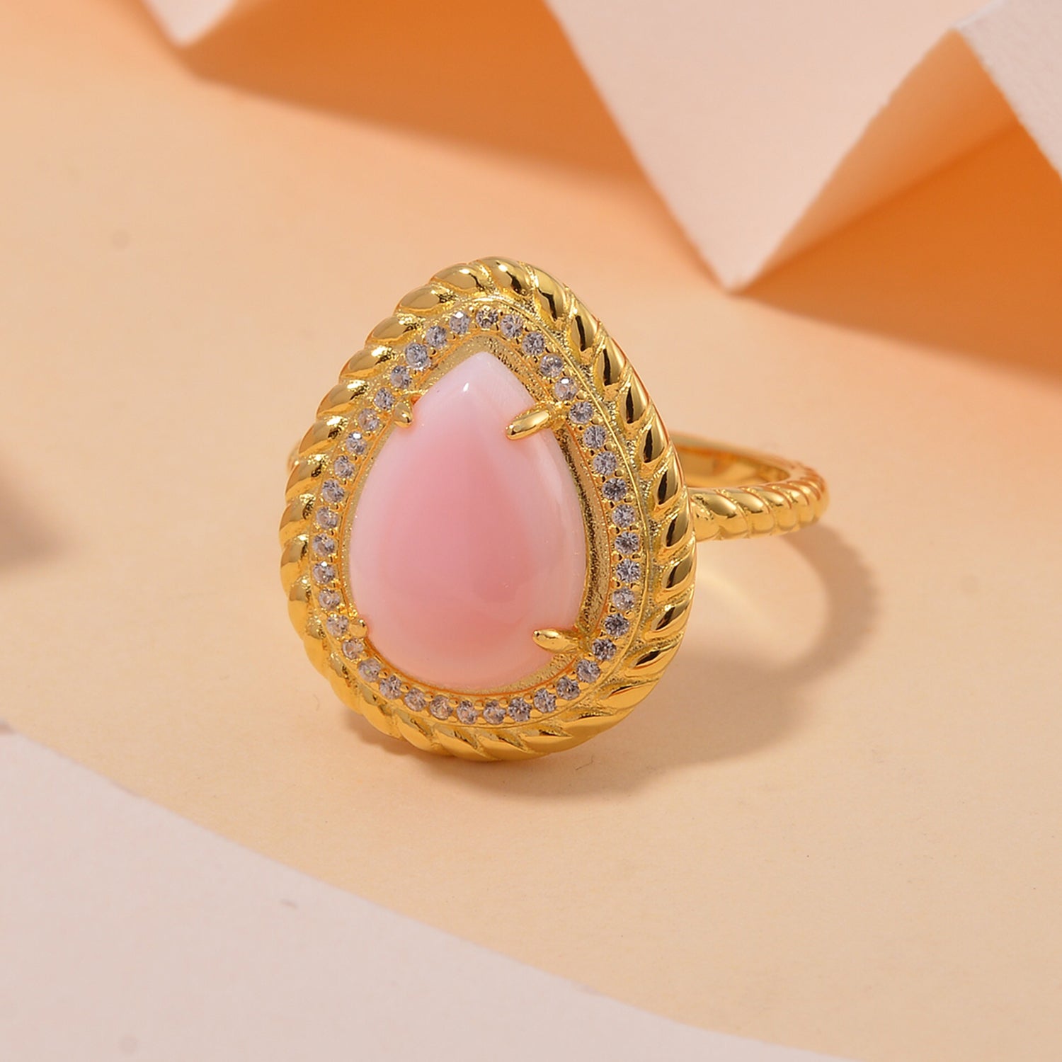 Pink Conch Shell, White Zircon Ring in 18K Yellow Gold Vermeil Plated Sterling Silver, Silver Wt. 5 Gms 6.650 Ct. 7802164 2