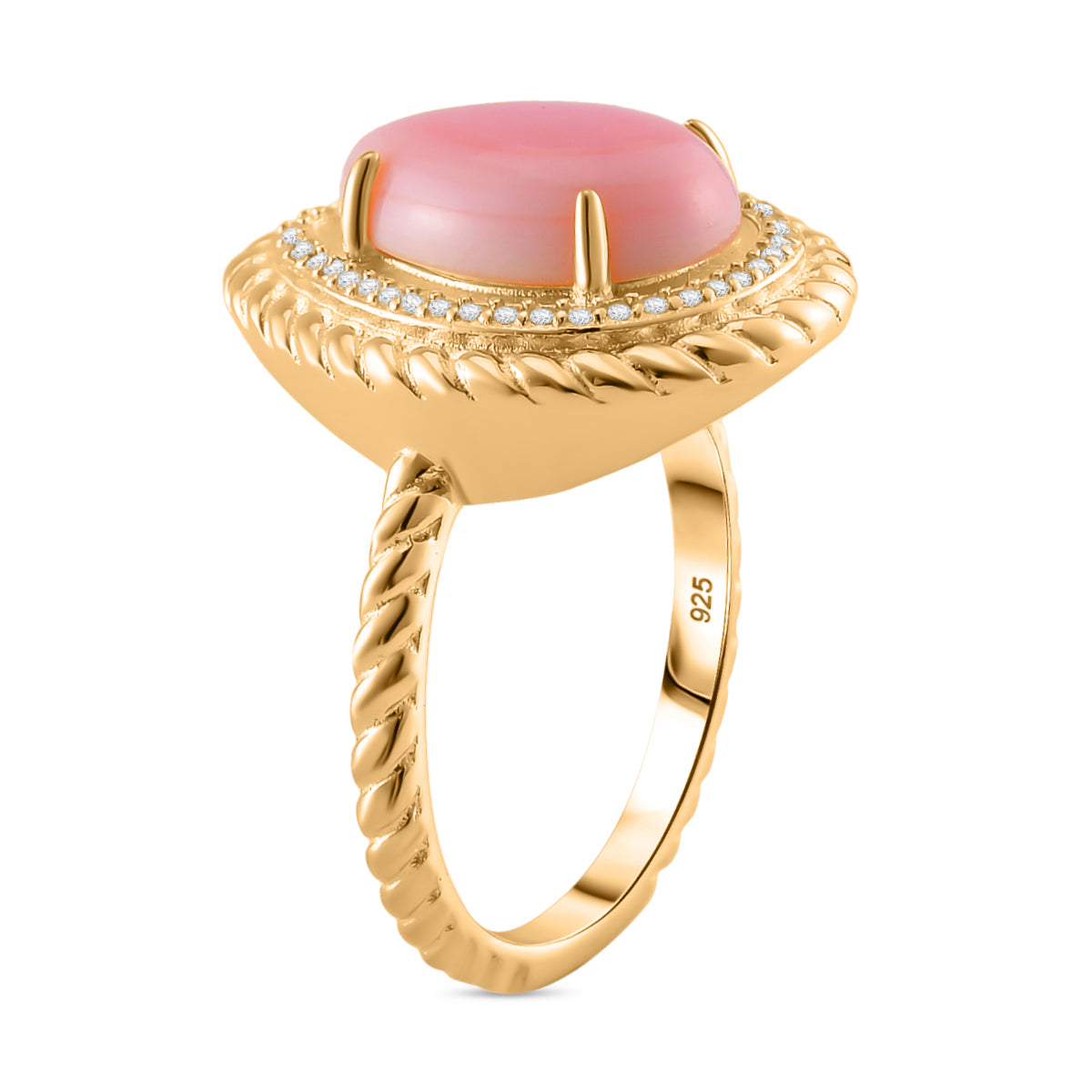 Pink Conch Shell, White Zircon Ring in 18K Yellow Gold Vermeil Plated Sterling Silver, Silver Wt. 5 Gms 6.650 Ct. 7802164 4