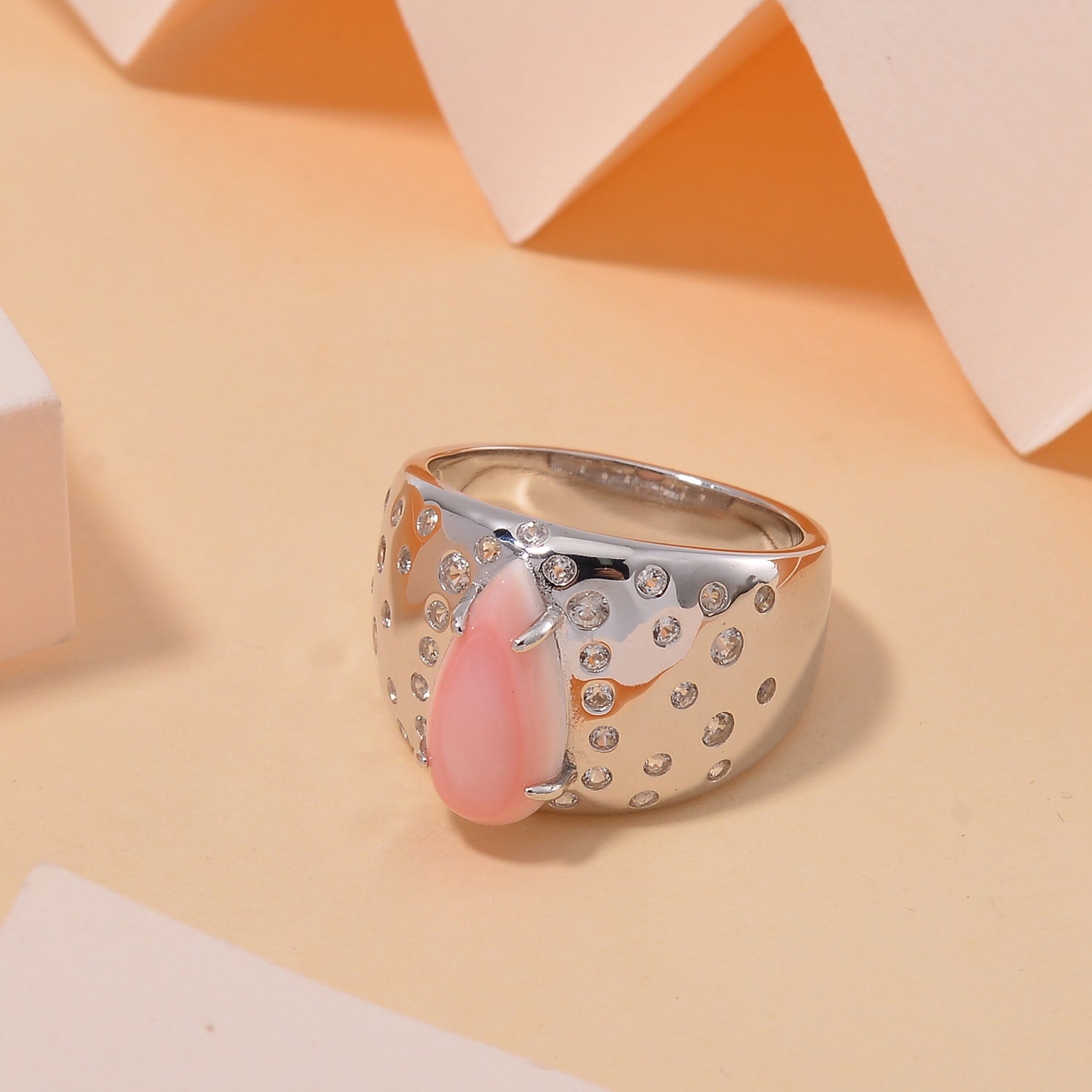 Pink Conch Shell, White Zircon Solitaire Ring in Rhodium Overlay Sterling Silver, Silver Wt. 8 Gms 4.310 Ct. 7804035 2